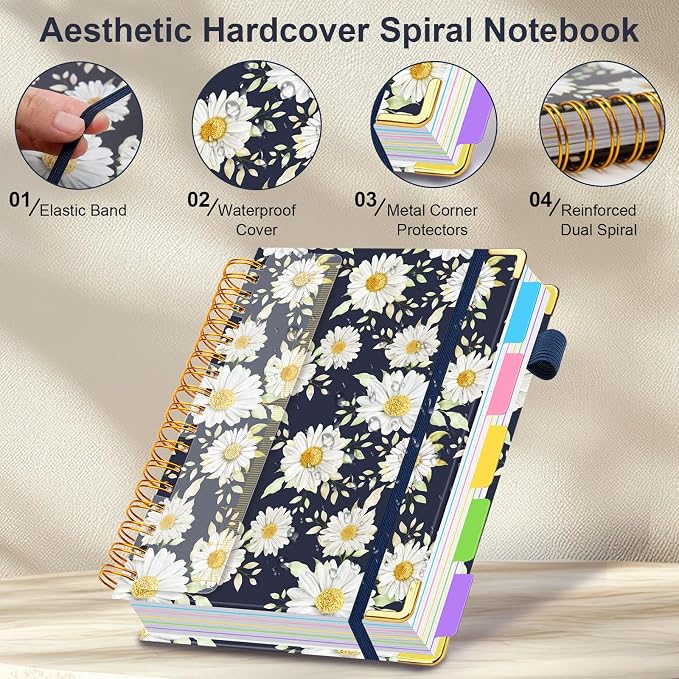 Spiral Journal Notebooks for Work, 300 Pages 5 Subject Notebook College Ruled with Dividers & Tabs, Notebook Journal for Women Students Note-Taking and Organizer (White Daisy, 8.5''x 11'')