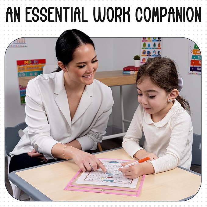 Essex Wares - 6 Pack, Pink, Dry Erase Pocket Document Protectors, 10" Wide x 13.5" Tall - Dry Erase Clear Plastic Sleeves - Reusable & Easy Erase Plastic Invoice Holders, Water-Resistant & Durable