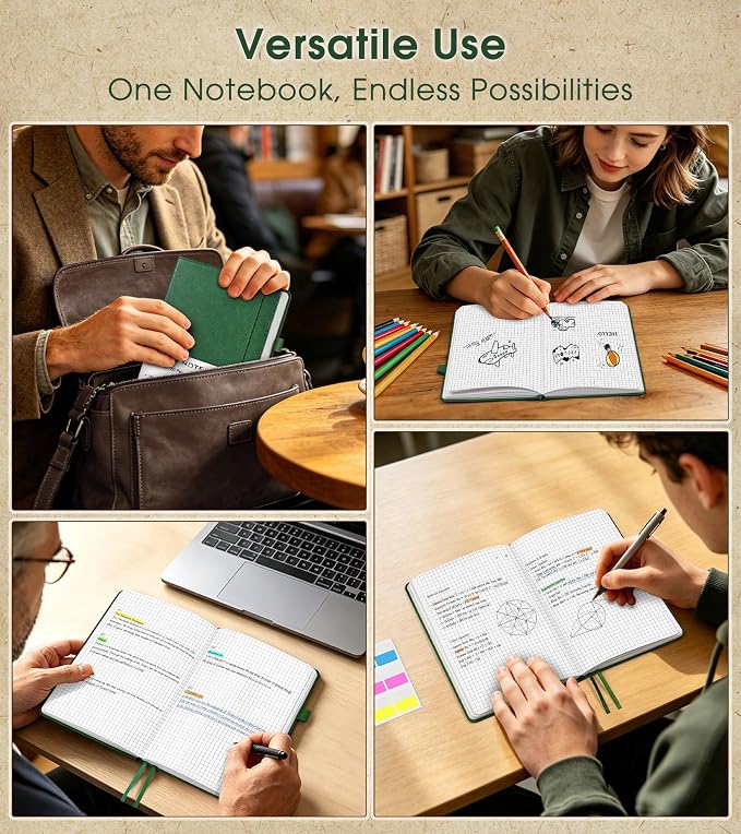 A5 Leather Hardcover Graph Paper Notebook, 160 Pages (5 Squares/Inch), 180° Lay-Flat Binding, 100 GSM Thick Paper, for Math, Engineering, Students & Technical Work (Green)