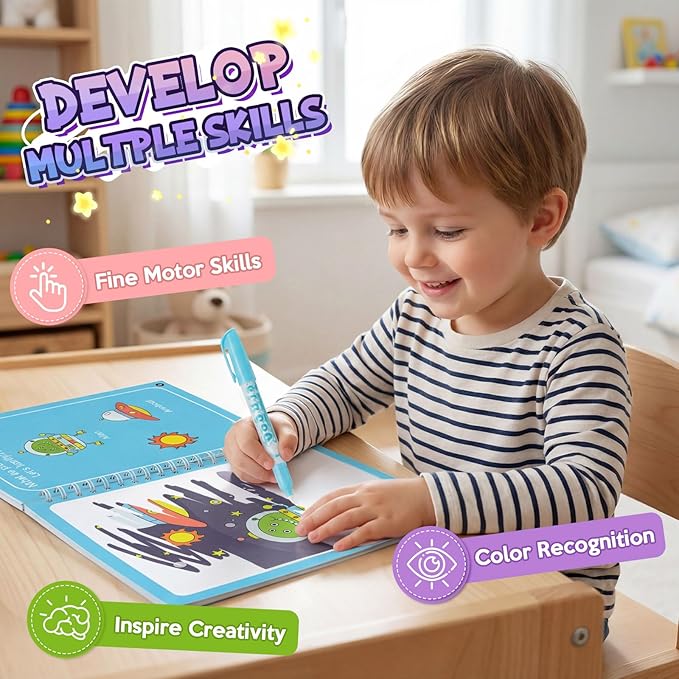 CMTOOP 5 Pack Water Coloring Books for Toddlers 1-3 - Mess Free Painting for Kids & Reusable Magic Water Activity Book - Aqua Art Travel Toys & Educational Arts and Crafts Gifts for Boys Girls Age 2-4