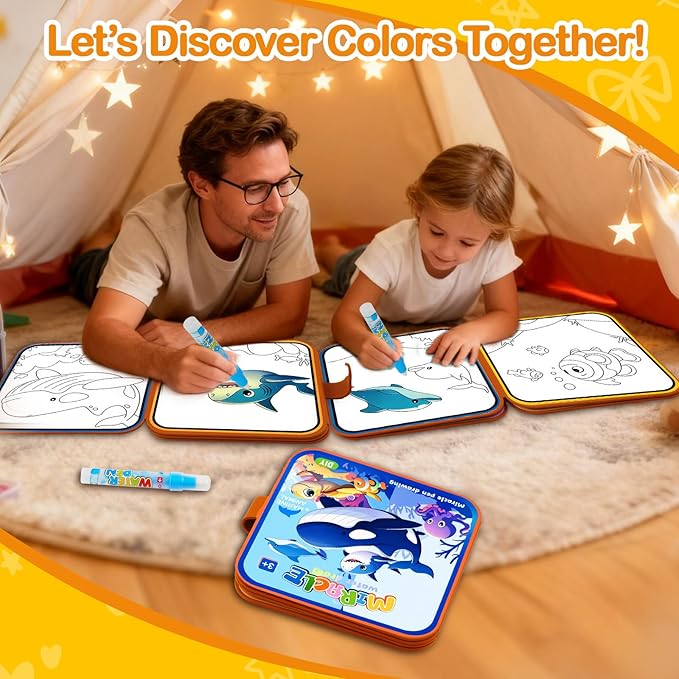Ocean Water Coloring Book Toy for Toddler–Reusable Water Painting Book with Water Pen,Mess Free Coloring Magic Water Book for Kids,Preschool Educational Drawing Travel Toys for Boy/Girl Age 3+