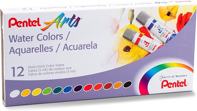 Pentel Arts Water Colors, Assorted, 5ml Tubes, 12 Color Set (WFRS-12)