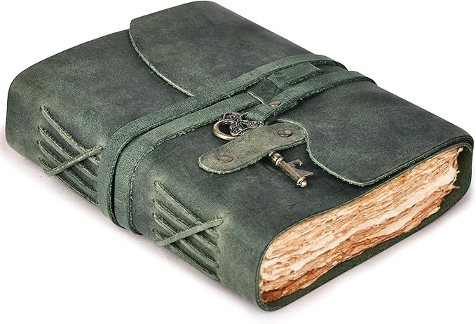 Leather Journal - Vintage Leather bound Journal For Women Men – Handmade Vintage Deckle Edge Paper – Vintage Key Closure - Book of Shadows -Leather Sketchbook - 10 inches X 7 inches