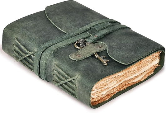 Leather Journal - Vintage Leather bound Journal For Women Men – Handmade Vintage Deckle Edge Paper – Vintage Key Closure - Book of Shadows -Leather Sketchbook - 10 inches X 7 inches