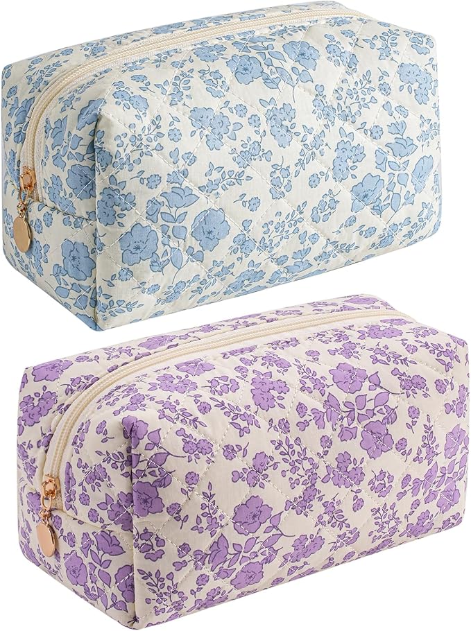 JOVAKIT Square Makeup Bag Cute Cosmetic Bag for Women, Floral Coquette Aesthetic Toiletry Bag, Zipper Make Up Pouch, Travel Make Up Organizer Bag (Blue+Big Purple Floral)