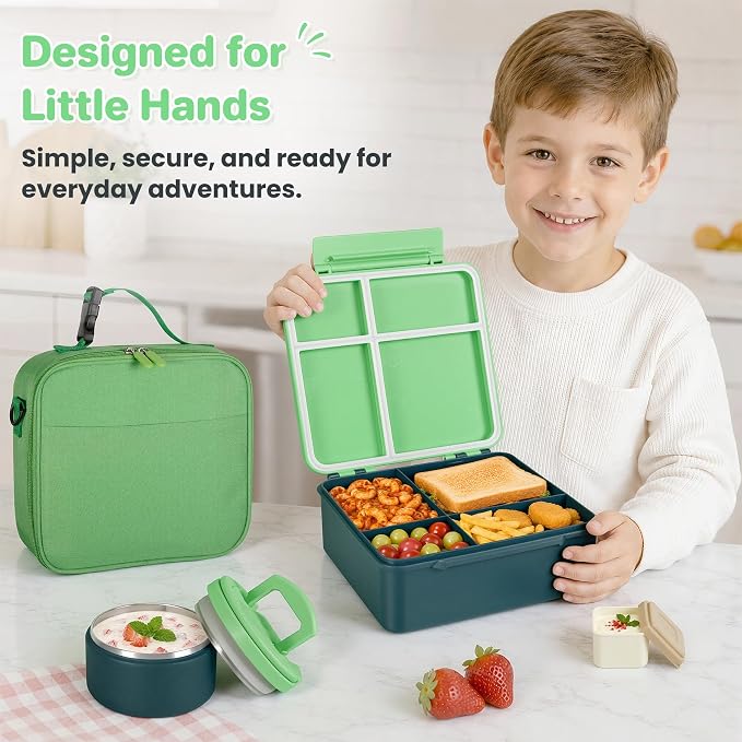 Bento Lunch Box with 8oz Soup Thermo,Kids Leakproof 4 Compartment Lunch Food Containers with Sauce Cup and Ice Pack,Kids Thermo Insulated Hot Food Jar and Lunch Bag for School,Trvael-Green