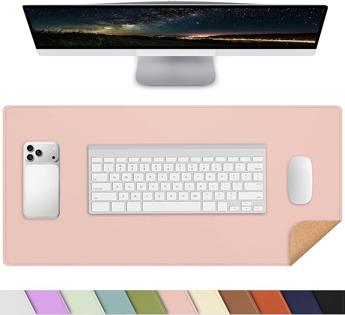 AFIING Leather Desk Pad Protector, Large Mouse Pad, Dual-Sided PU Leather & Natural Cork Desk Mat, Non-Slip Waterproof Laptop Desk Blotter for Office and Home, 23.6" x 13.7",Pink