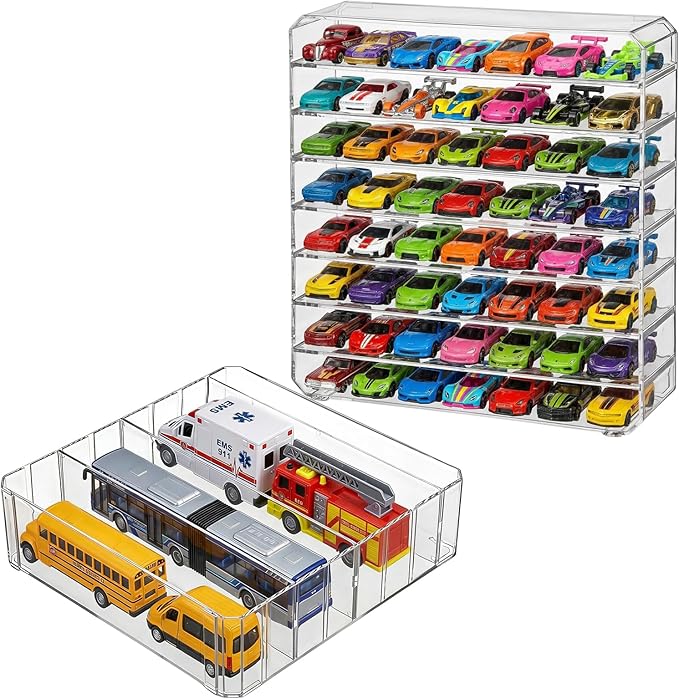8-Tier Clear Storage Organizer Case, 2PCS 1/64 Scale Toy Car Storage Shelves Desktop Organizer Rack Compatible with Matchbox Car Hot Wheels Monster Jam Trucks Removable Acrylic Shelves