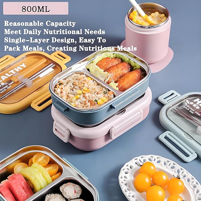 Stainless Steel Lunch Box, 2 Compartment Bento Box for Adults, Easy to Clean, Leak-Proof Design, Food Storage Container with Tableware for Family, Work, Picnics and Travel(800ml, Pink)