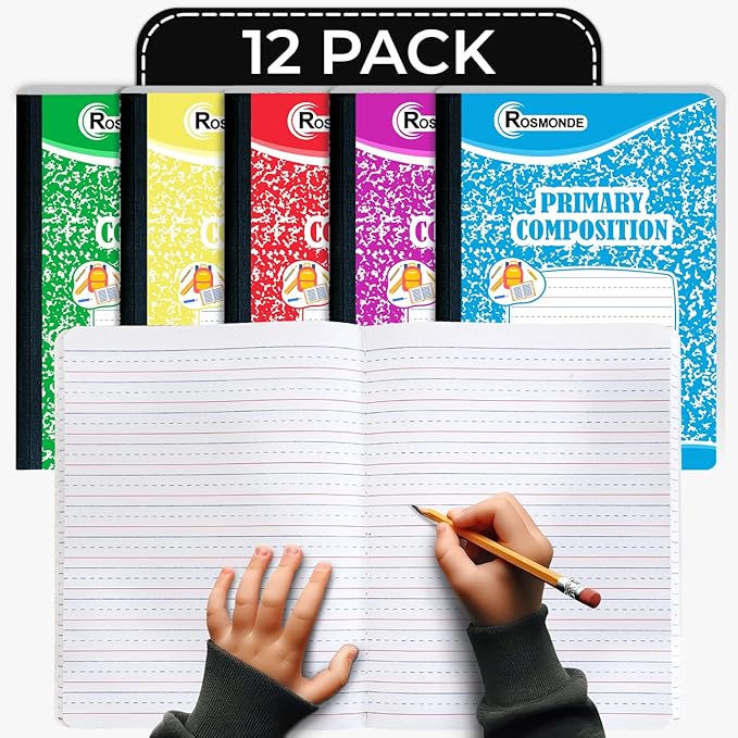 Rosmonde 12 Pack Primary Composition Notebooks, 200 Pages (100 Sheets), Primary Ruled Composition Notebook, 9-3/4" x 7-1/2", Grades K-2, Writing Dotted Lined, Assorted, Colors May Repeat