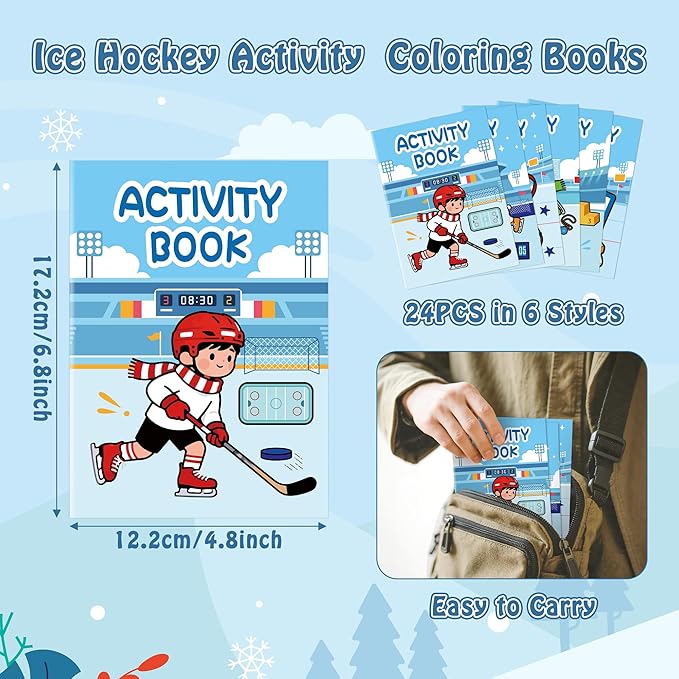 JAPBOR Ice Hockey Activity Coloring Book - 24PCS Mini Hockey Themed Activities Color Books Bulk for Kids Party Favors, Sport Small Colouring Pages for Birthday Gifts Classroom Drawing Painting Game