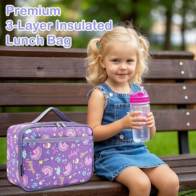 FlowFly Kids Lunch box Insulated Soft Bag Mini Cooler Back to School Thermal Meal Tote Kit for Girls, Boys, Purple Unicorn