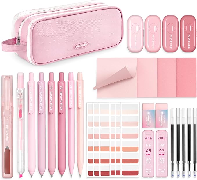 Four Candies Pink School Supplies with Case, Gel Pens with Black Ink, Correction Tapes, Pastel Highlighters, Mechanical Pencils, Sticky Notes, Index Post for Bible Study Stationary College Essentials
