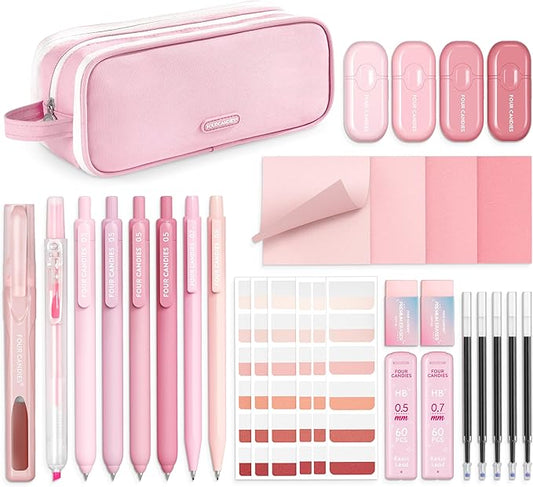 Four Candies Pink School Supplies with Case, Gel Pens with Black Ink, Correction Tapes, Pastel Highlighters, Mechanical Pencils, Sticky Notes, Index Post for Bible Study Stationary College Essentials
