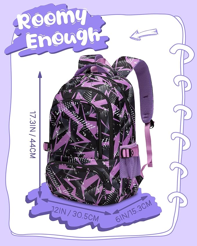 BLUEFAIRY Kids School Backpack for Boys Girls Ages 6-8 8-10 10-12 Elementary Middle School Book Bags with Laptop Compartment Mochilas Escolares para Niños Niñas de 8 10 12 Años (Purple, Geometric)
