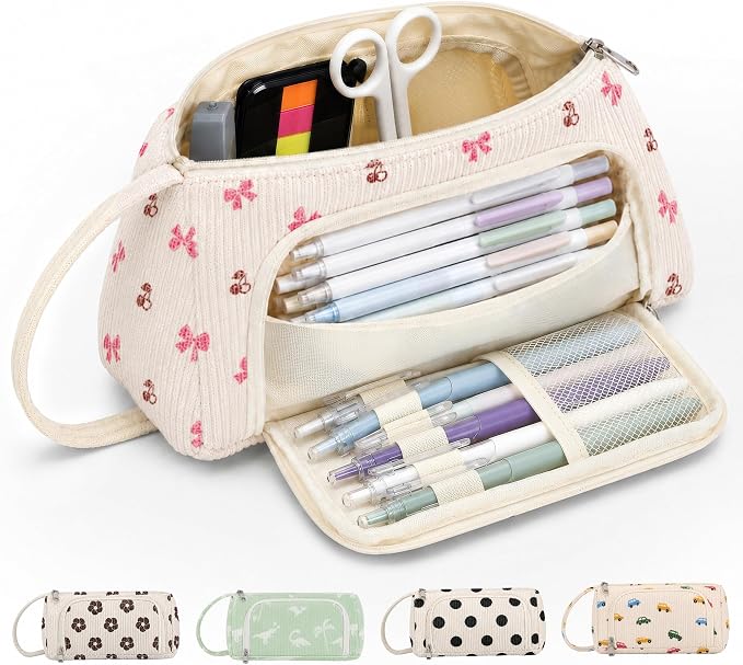 Big Capacity Pencil case,Soft Corduroy Pencil Bag with 3 Compartment Pouch Bag for School Supplies Office for Teen Girls Boys Women Man (Bow With Cherry)