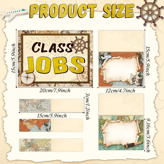 112 Pcs Travel Theme Bulletin Board Decor Adventure Class Jobs Chart for Classroom Bulk with 48 Pockets & 60 Cards Teacher's Helper Posters Writable Labels for Class Management & School Supplies
