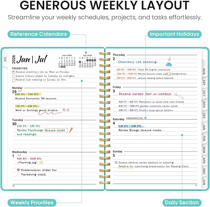 Planner 2026-2027, 6.3" x 8.5" Weekly and Monthly Academic Year Planner Calendar, July 2026 - June 2027, Hardcover Large School Planning Agenda With Tabs, Perfect for School & Office Supplies, A5, Aquamarine