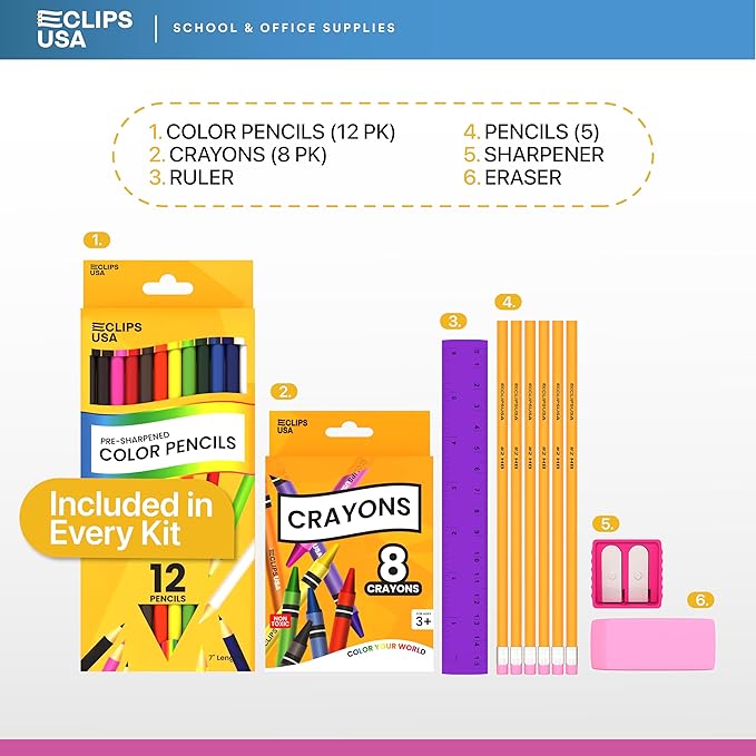 E-CLIPS USA Back to School Supplies Kit for Kids School Supplies Set school Supply Kit Colored Pencils For Kids Color Pencil Set Crayons Bulk for Classroom Wooden Pencil #2 (12)
