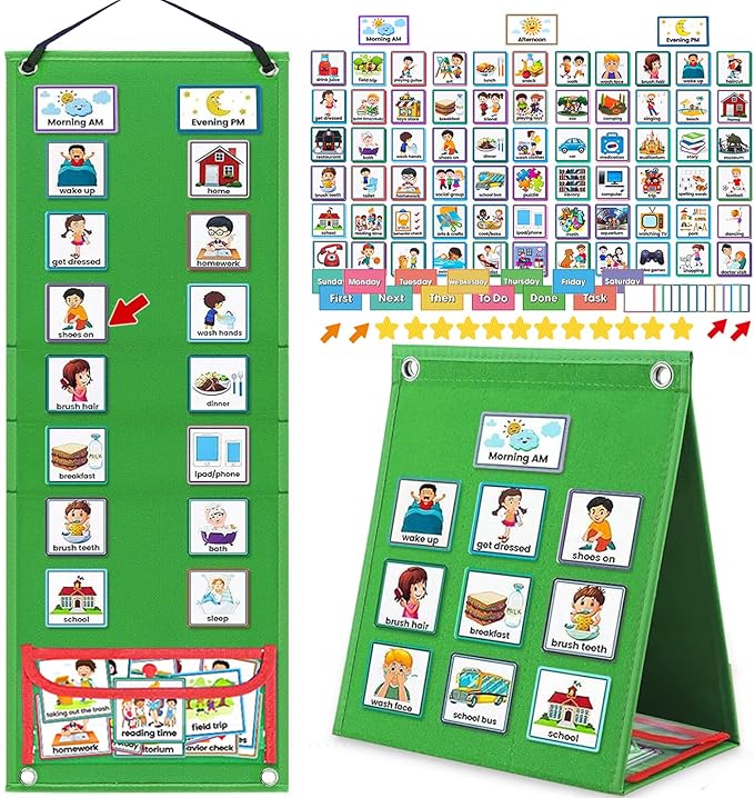 ALSLEA Visual Schedule for Kids with Autism Chore Chart for Kids Daily Routine Chart Autism Learning Materials Toddler Planning Board Visual Schedule for Classroom, Home with 124 Cards (Green)