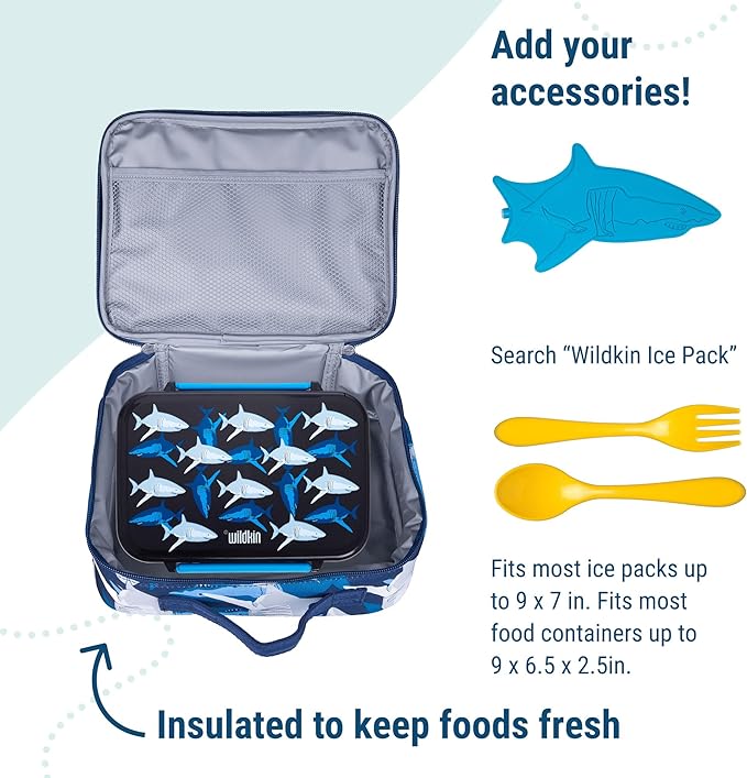 Wildkin Kids Insulated Lunch Box, Keeps Food Hot or Cold, BPA-Free with Mesh Pockets & Easy-Clean Lining – Ideal for School, Travel & Daycare – Sharks