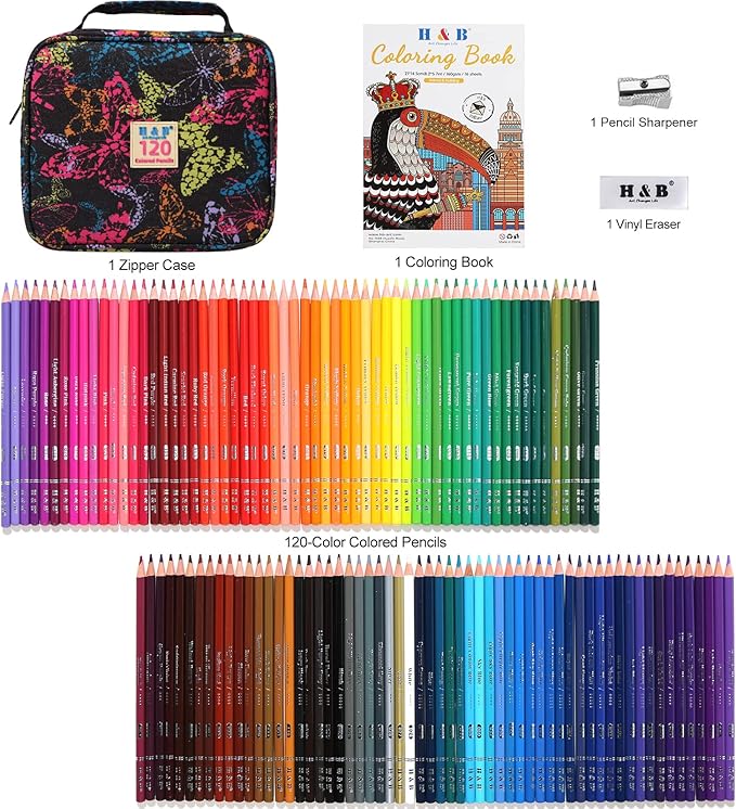H & B 120-Color Colored Pencils Set with Coloring Book, Eraser, and Sharpener - Perfect for Drawing and Coloring - Soft Oil-Based Cores Ideal for Adults and Beginners