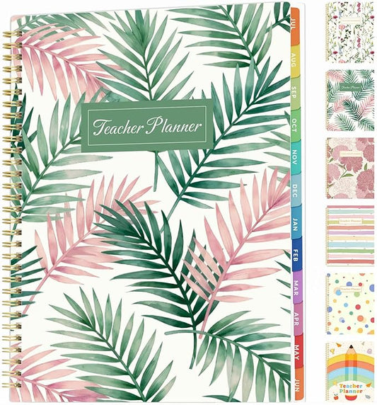 SUNEE Teacher Planner 2026-2027 Academic Year, 7 Periods Lesson Plan Book Jul 2026 - Jun 2027, 8.5"x11"Daily Weekly Monthly Organizers Horizontal Layout with Dated Calendars, Bookmark, Tabs, Palm Leaf