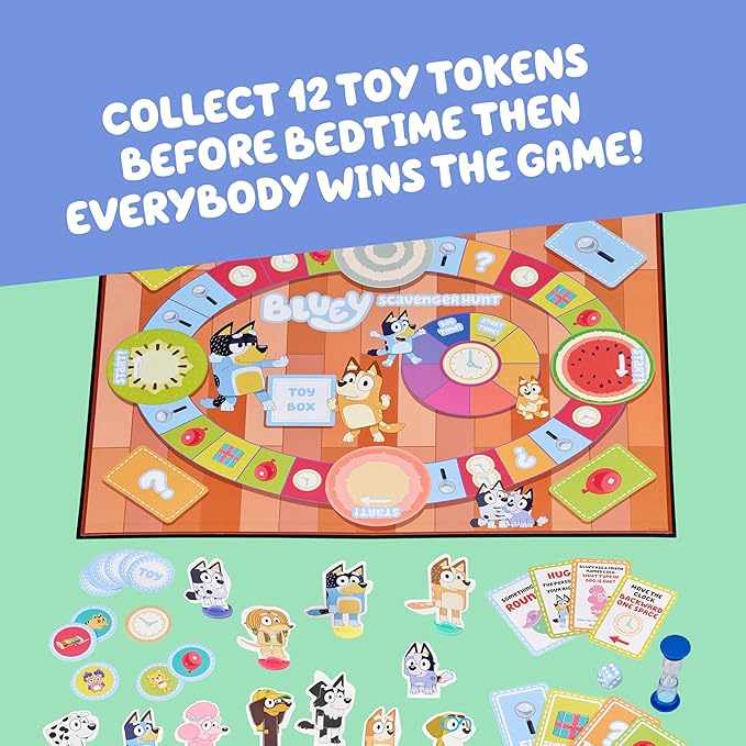 Bluey Scavenger Hunt Board Game, Cooperative Play with 4 Exclusive Mini-Figures, Indoor Games for Kids Ages 5+, Fun Toy Token Collecting Game