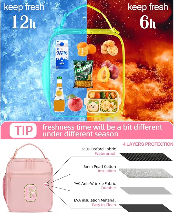 Initial Insulated Lunch Bag for Girls Kids, Back to School Gift, Reusable Leak-proof Lunch Box with Adjustable Strap for School Daycare Travel Picnic (Pink,G)
