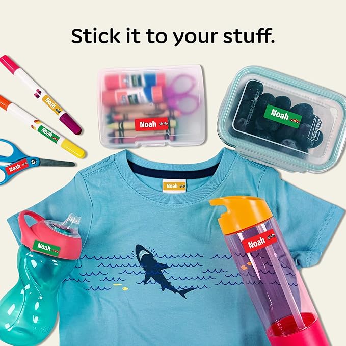 Kids Personalized Name Labels for School, Camp, Daycare (128 Labels) Custom Peel and Stick Waterproof Name Tags Stickers for Water Bottles, Lunch Boxes, Clothing, School Supplies (Racecar)