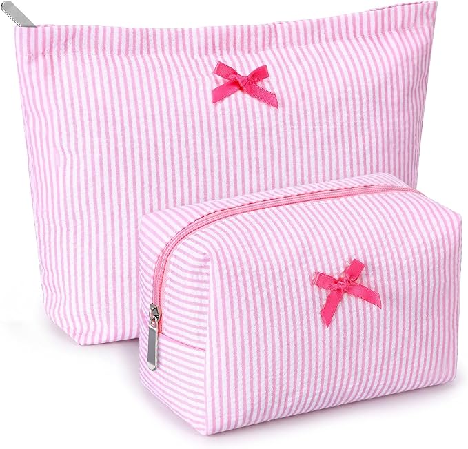 Huhumy 2 Pcs Bow Tie Makeup Bag Set, Stripe Cosmetic Pouch for Women, Seersucker Travel Toiletry Bag, Preppy Makeup Purse Pouch, Aesthetic Skincare Brushes Storage Organizer for Women Gifts(Pink)