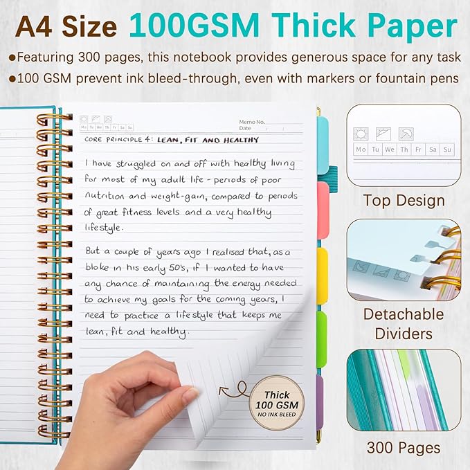 Hardcover Spiral Notebooks for Work 8.5''x 11'', 300 Pages 5 Subject Notebook with Dividers & Tabs, A4 Spiral Journal for Women, College Ruled Notebooks for School Note-Taking (Cyan)