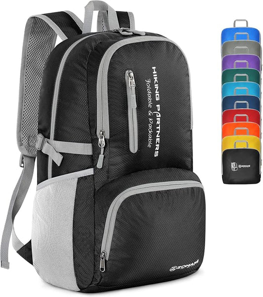 ZOMAKE Lightweight Packable Backpack, Water Resistant Foldable Daypack 35L | Light Hiking Backpacks Collapsible Day Pack for Travel, Everyday Carry, Multi Compartment Storage, Adjustable Strap (Black)
