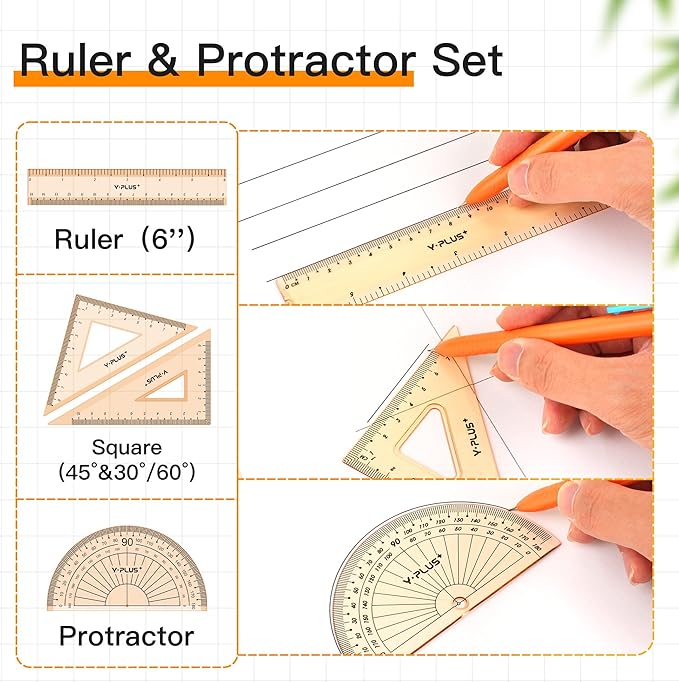 YPLUS Geometry Set for Students, Math Protractor Compass, Box of Protactors Kit for Class Supplies and School Kids Toddler - 11 Pcs