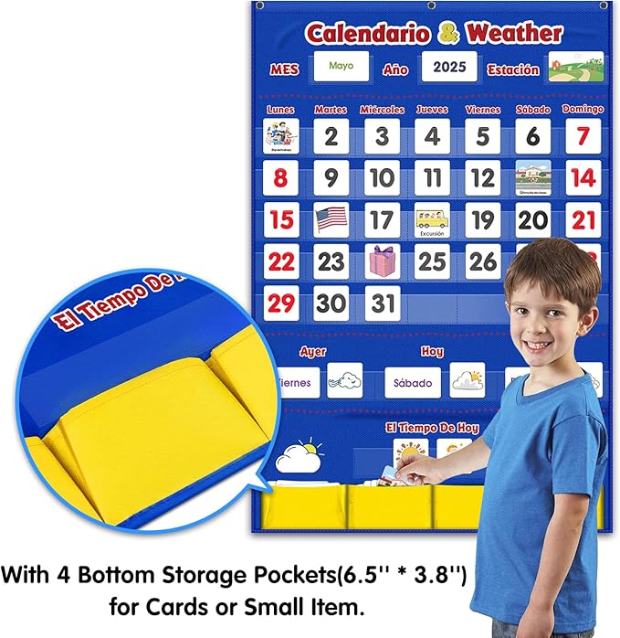 Spanish Calendar and Weather Pocket Chart, Classroom Organized Chart, 140 Pieces (Spanish)