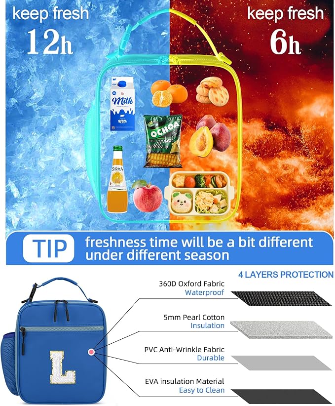 Initial Insulated Lunch Bag for Boys Kids, Back to School Gift, Reusable Leak-proof Lunch Box with Adjustable Strap for School Daycare Travel Picnic（Blue，L）