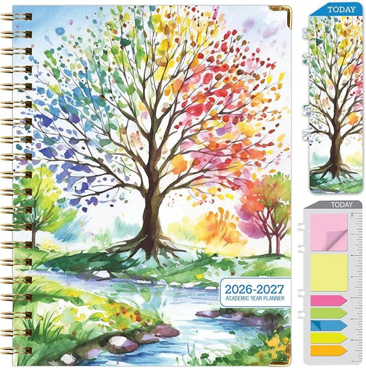 HARDCOVER Academic Year 2026-2027 Planner: 14 Months (May 2026 Through June 2027) 8.5"x 11" Daily Weekly Monthly Planner Yearly Agenda. Bookmark, Pocket Folder and Sticky Note Set (Tree Seasons)