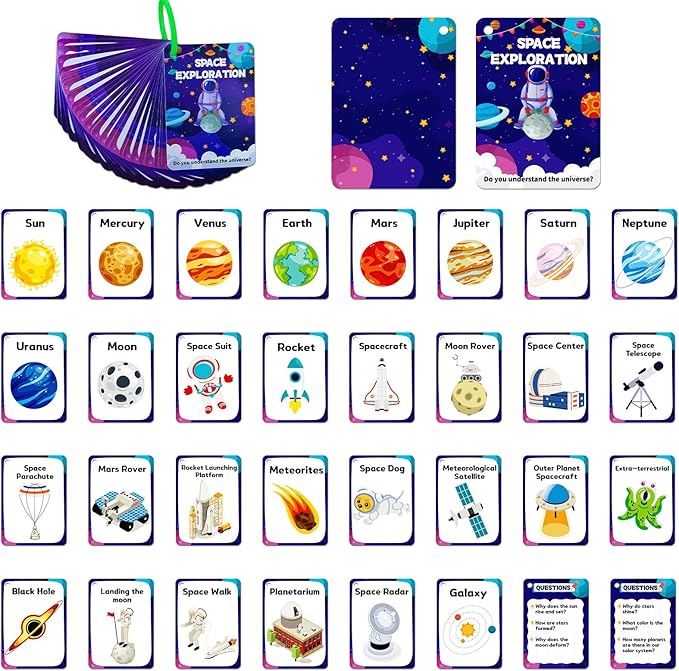 34PCS Outer Space Cognitive Flash Cards,Cognitive Pictures Flashcards for Space Exploration, Waterproof Space Learning Flash Card