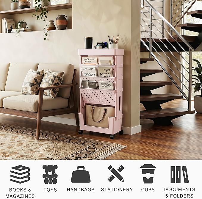 5-Tier Mobile Bookshelf, Rolling Bookcase Book Storage Rack, Movable File Folder Organizer Cart with Wheels for Home Study Office Living Room Classroom, Light Pink