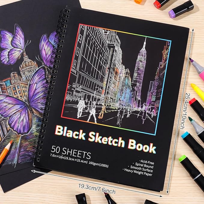Prudiut Black Paper Sketchbook 1 Pack 7.6x10 Inch, 160gsm Acid-Free Spiral Binding Hardcover Sketch Book, Artist Drawing Book Mixed Media Colored Pencil Chalk Metal Marker Portfolio Gift