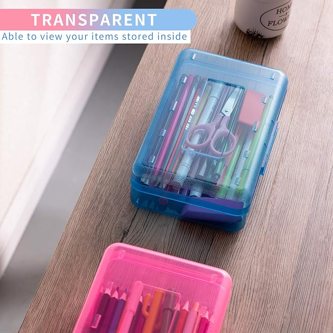 Sooez 3 Pack Pencil Case, Large Hard Pencil Box Bulk, Clear Crayon Box Marker Pen Organizer, Plastic Storage Container with Snap Lid, Art Craft Organizer Back to School Supplies, Colorful
