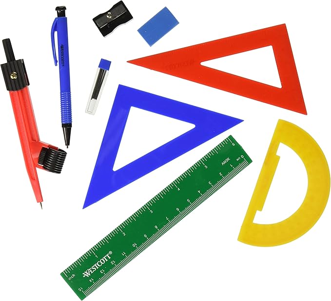 Westcott Ten Piece Math Tool Kit, Assorted Colors