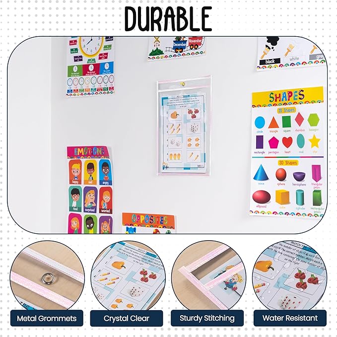 Essex Wares - 6 Pack, Shimmer, Water-Resistant Dry Erase Pocket Document Protectors, 10" Wide x 13.5" Tall - Dry Erase Clear Plastic Sleeves - Reusable & Easy Erase Plastic Invoice Holders