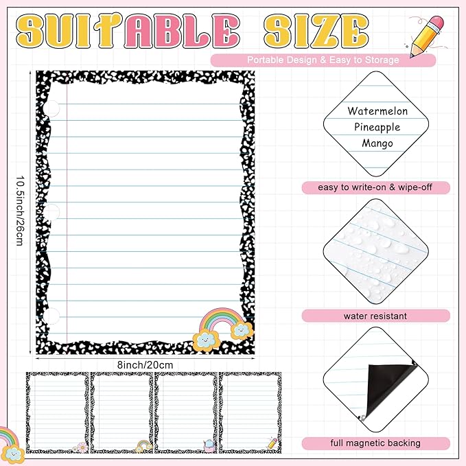 Redbaker 4 Pcs 10.5"x8" Composition Notebook Magnetic Paper Erasable & Writable Handwriting Lined Paper for Classroom School Whiteboard Blackboard Office Teacher Must Have Homeschool Teaching Supplies