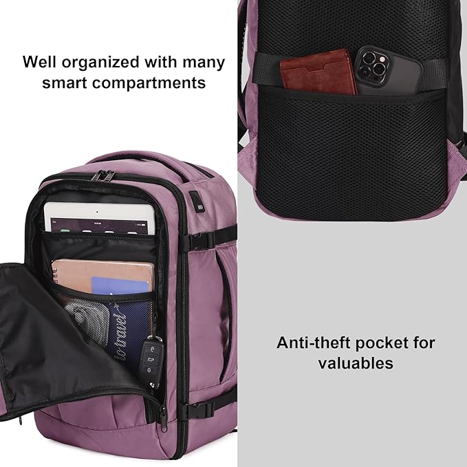 ECOHUB Travel Backpack 18x14x8 Frontier Airlines Personal Item Bag Pink | Carry On Backpack with 13 Pockets, Casual Daypack for Men Women Airline Approved Water Resistant Back pack with Charging Port