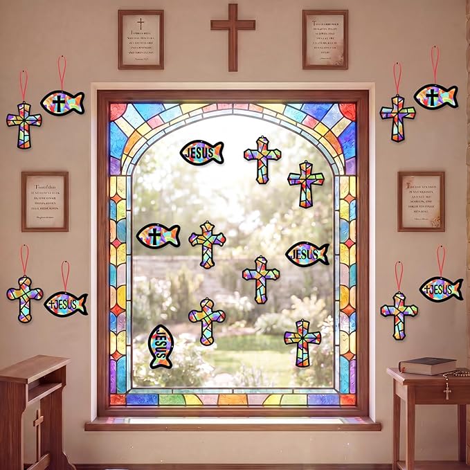48PCS Sunday School VBS Crafts Bulk: Paper Cross Fish Nativity Suncatchers, Jesus Religious Christian Activity DIY Kits Church Decorations, Window Stained Glass Effect Art Supplies