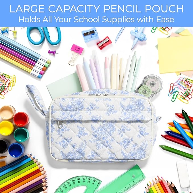 WOBAGMEN Quilted Pencil Pouch for Girls Women, Large Pencil Case Pouch with Compartments Cute Aesthetic Pencil Case Organizer, Floral Pencil Bag for School Supplies (Elegant Blue Floral)