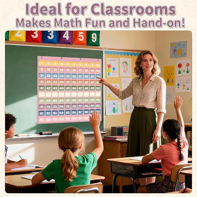 Yoink 100 Pockets Number Chart with 120 Double-Sided Number Cards, Boho Hundred Pocket Chart for Classroom Homeschool Teachers Kids Learning, Pink