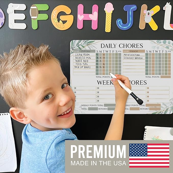 Hadley Designs Magnetic Chore Chart for Kids Multiple - Chores Board for Refrigerator, Dry Erase Task Chart for 2 Kids Daily Behavior, Family Weekly Planner for Teens and Adults, Greenery Chore Board