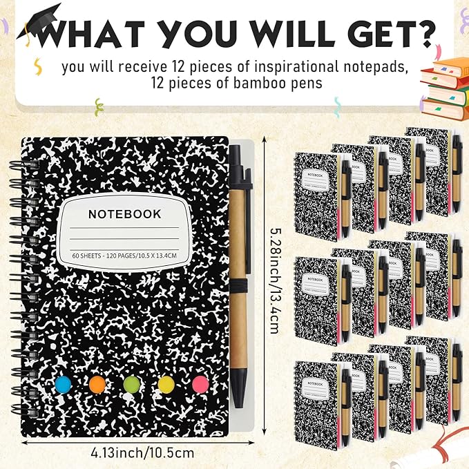 Dunzoom 12 Sets Spiral Notebook Bulk, Steno Pads Lined Notepad with Pen, Sticky Notes Colored Index Tabs, 5.2" x 4.1" Pocket Notebook for Home Business Office Supplies, 60 Sheets (Black)